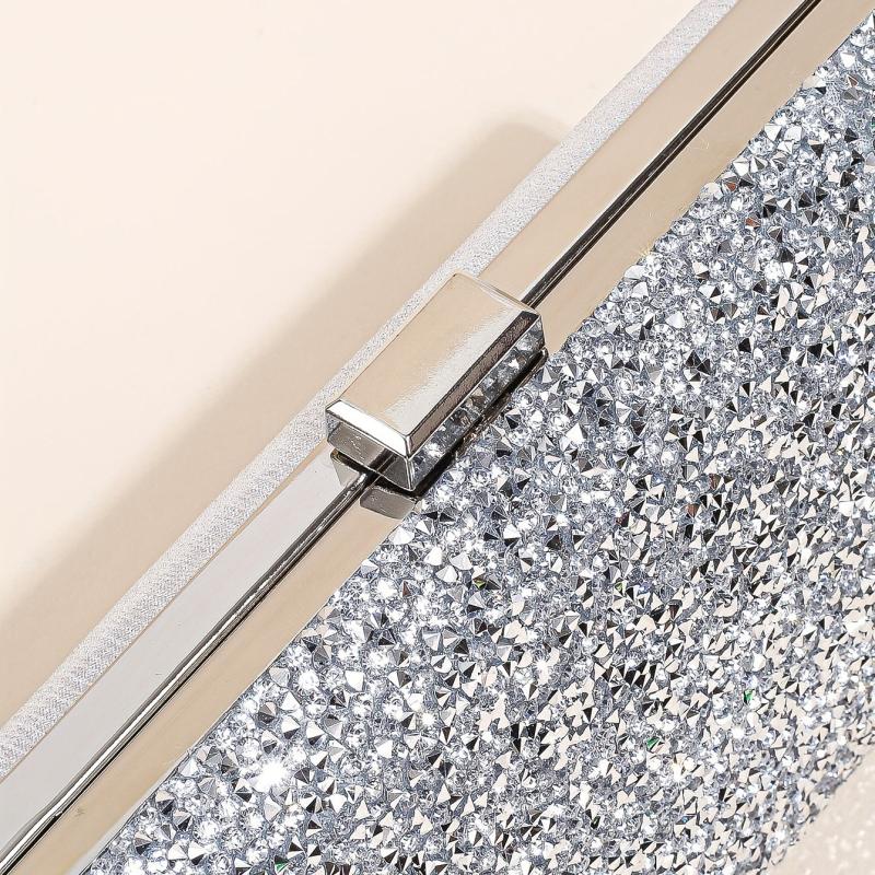 Rhinestone Glitter Kiss Lock Chain Clutch Elegant Textured Frame Purse