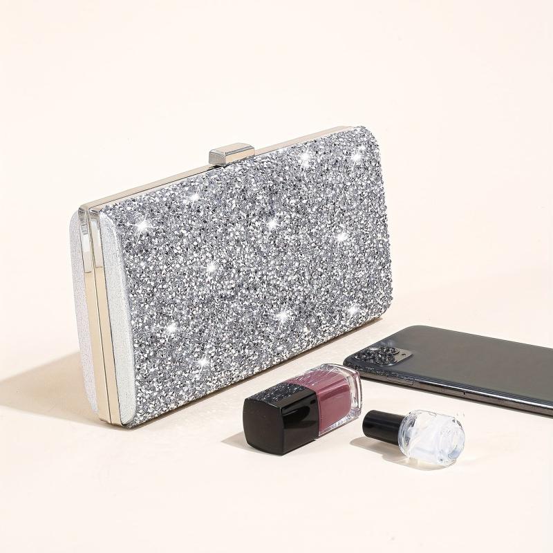 Rhinestone Glitter Kiss Lock Chain Clutch Elegant Textured Frame Purse