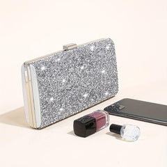 Rhinestone Glitter Kiss Lock Chain Clutch Elegant Textured Frame Purse