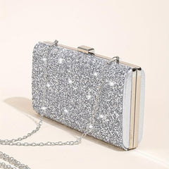 Rhinestone Glitter Kiss Lock Chain Clutch Elegant Textured Frame Purse