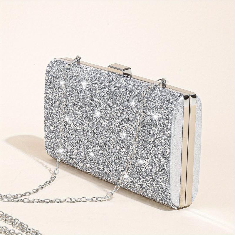 Rhinestone Glitter Kiss Lock Chain Clutch Elegant Textured Frame Purse