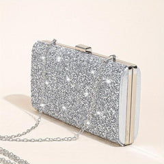 Rhinestone Glitter Kiss Lock Chain Clutch Elegant Textured Frame Purse