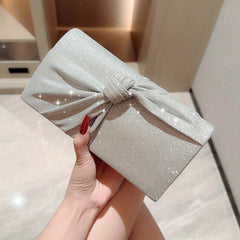 Knot Decor Pleated Glitter Metal Chain Clutch