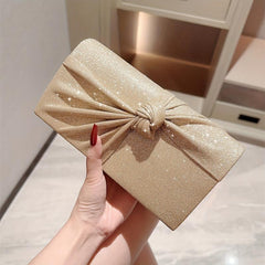 Knot Decor Pleated Glitter Metal Chain Clutch