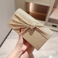 Knot Decor Pleated Glitter Metal Chain Clutch