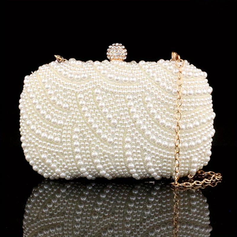 Pearl Beads Rhinestone Glitter Kiss Lock Chain Clutch Frame Purse