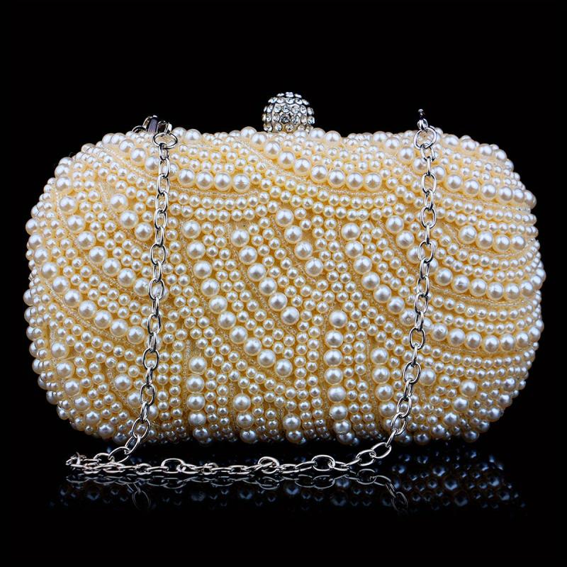 Pearl Beads Rhinestone Glitter Kiss Lock Chain Clutch Frame Purse