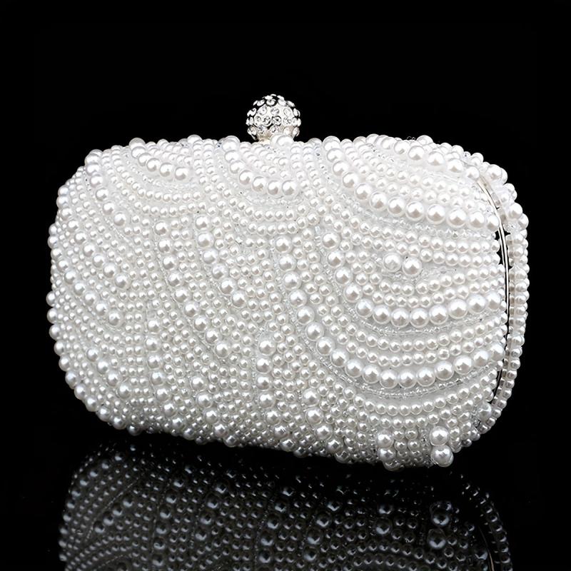 Pearl Beads Rhinestone Glitter Kiss Lock Chain Clutch Frame Purse