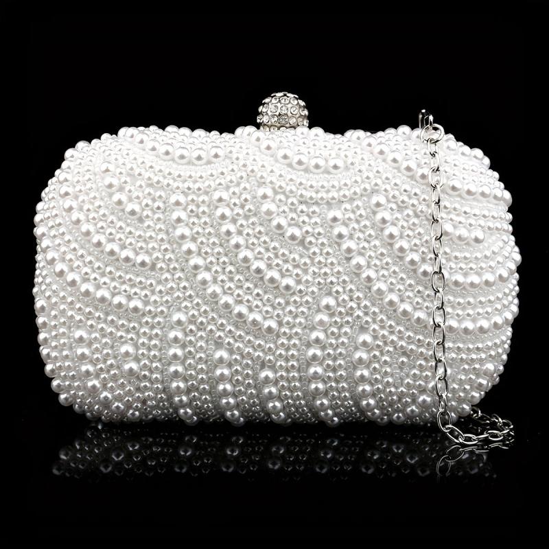 Pearl Beads Rhinestone Glitter Kiss Lock Chain Clutch Frame Purse