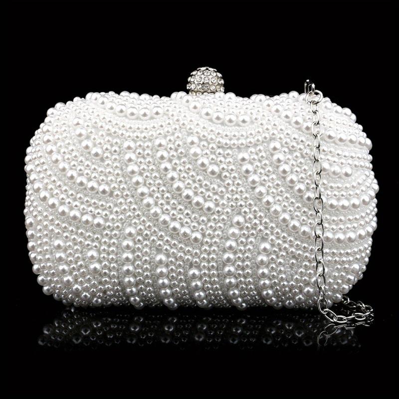 Pearl Beads Rhinestone Glitter Kiss Lock Chain Clutch Frame Purse