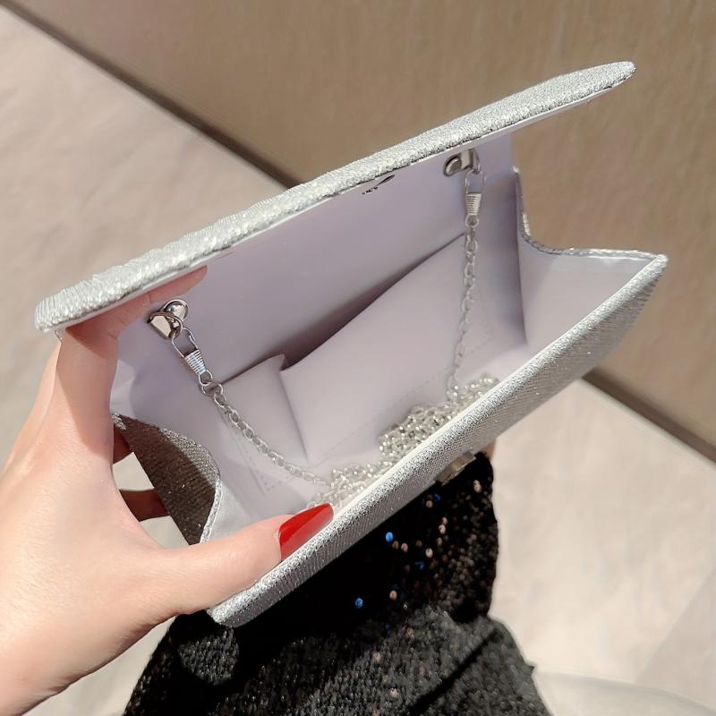 Glitter Metal Chain Flap Handbag Sparkly Purse Classic Evening Bag
