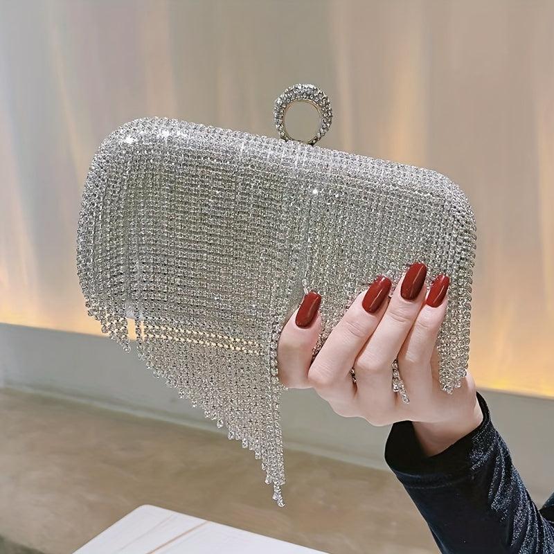 Sparkling Rhinestone Fringe Clutch Purse for Women