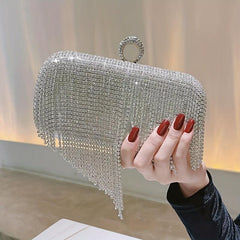 Sparkling Rhinestone Fringe Clutch Purse for Women