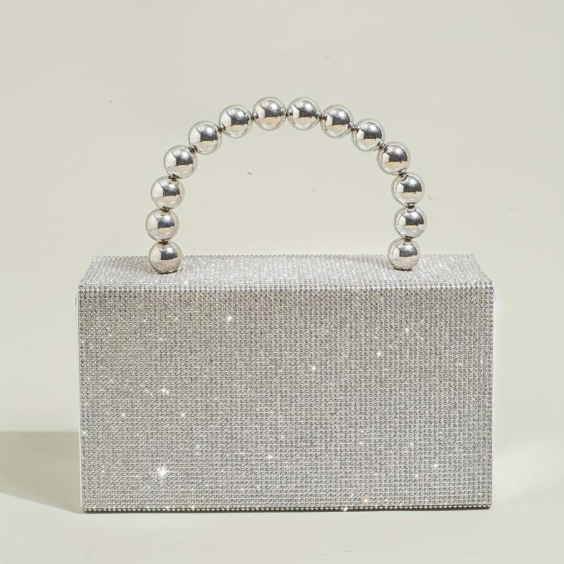 Glitter Square Satchel Evening Bag with Bead Top Handle