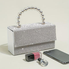 Glitter Square Satchel Evening Bag with Bead Top Handle