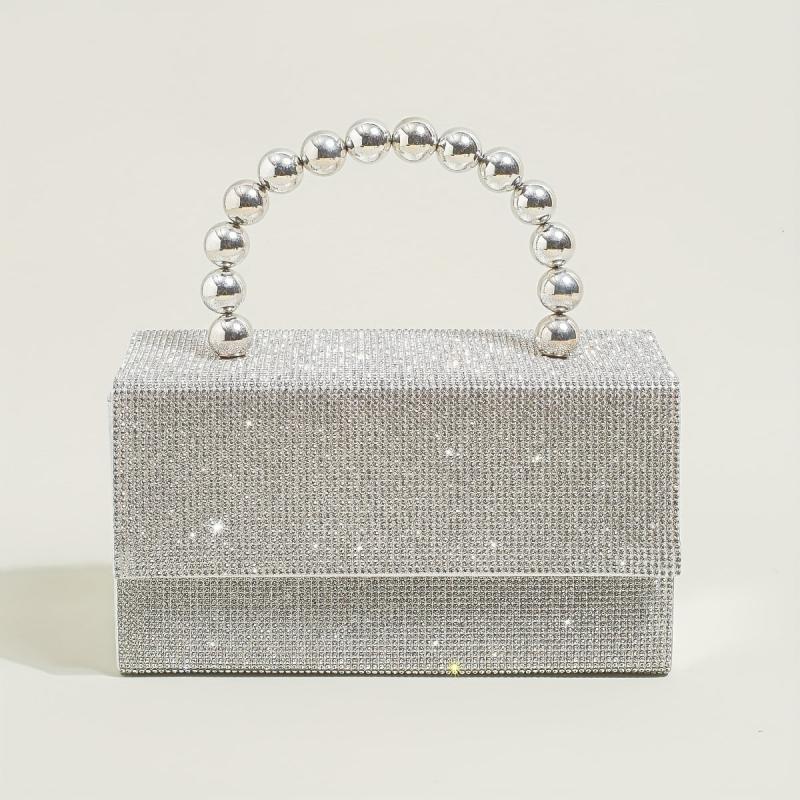 Glitter Square Satchel Evening Bag with Bead Top Handle