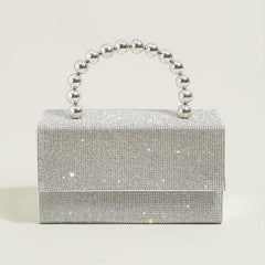 Glitter Square Satchel Evening Bag with Bead Top Handle