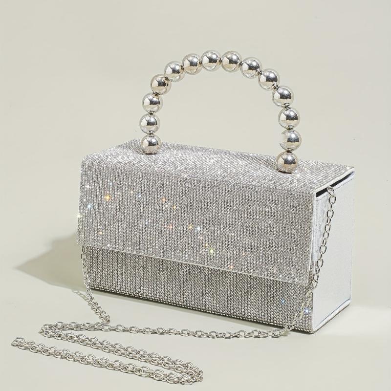 Glitter Square Satchel Evening Bag with Bead Top Handle