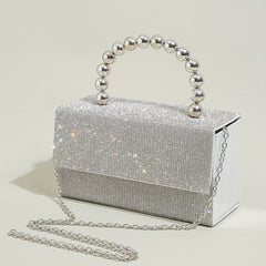 Glitter Square Satchel Evening Bag with Bead Top Handle