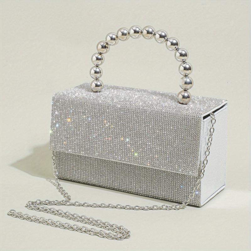 Glitter Square Satchel Evening Bag with Bead Top Handle