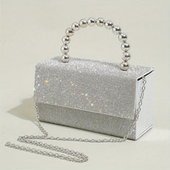 Glitter Square Satchel Evening Bag with Bead Top Handle