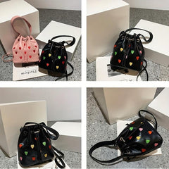 Colorful Love Embroidered Bucket Bag Drawstring Satchel Bag