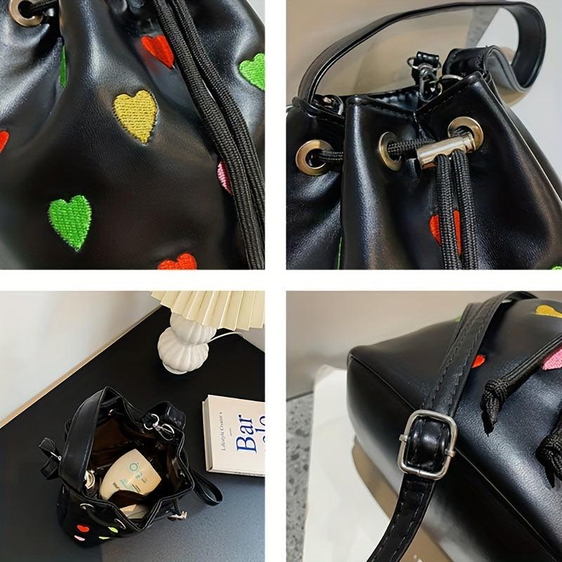 Colorful Love Embroidered Bucket Bag Drawstring Satchel Bag