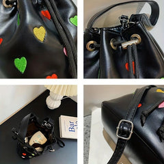 Colorful Love Embroidered Bucket Bag Drawstring Satchel Bag