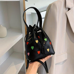 Colorful Love Embroidered Bucket Bag Drawstring Satchel Bag