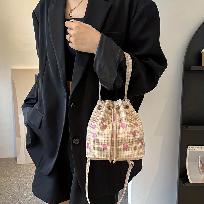 Colorful Love Embroidered Bucket Bag Drawstring Satchel Bag