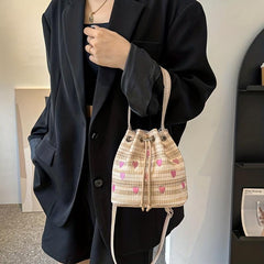 Colorful Love Embroidered Bucket Bag Drawstring Satchel Bag