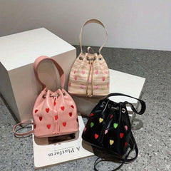 Colorful Love Embroidered Bucket Bag Drawstring Satchel Bag