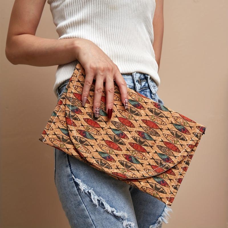 Vintage Fish Print Clutch Bag Vegan Leather Evening Handbag