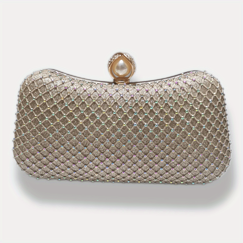 Rhinestone Mesh Evening Bag Faux Pearl Chain Handbag