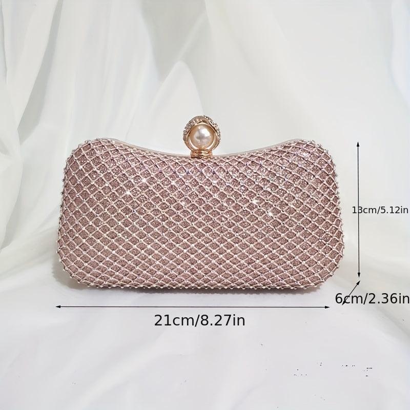 Rhinestone Mesh Evening Bag Faux Pearl Chain Handbag