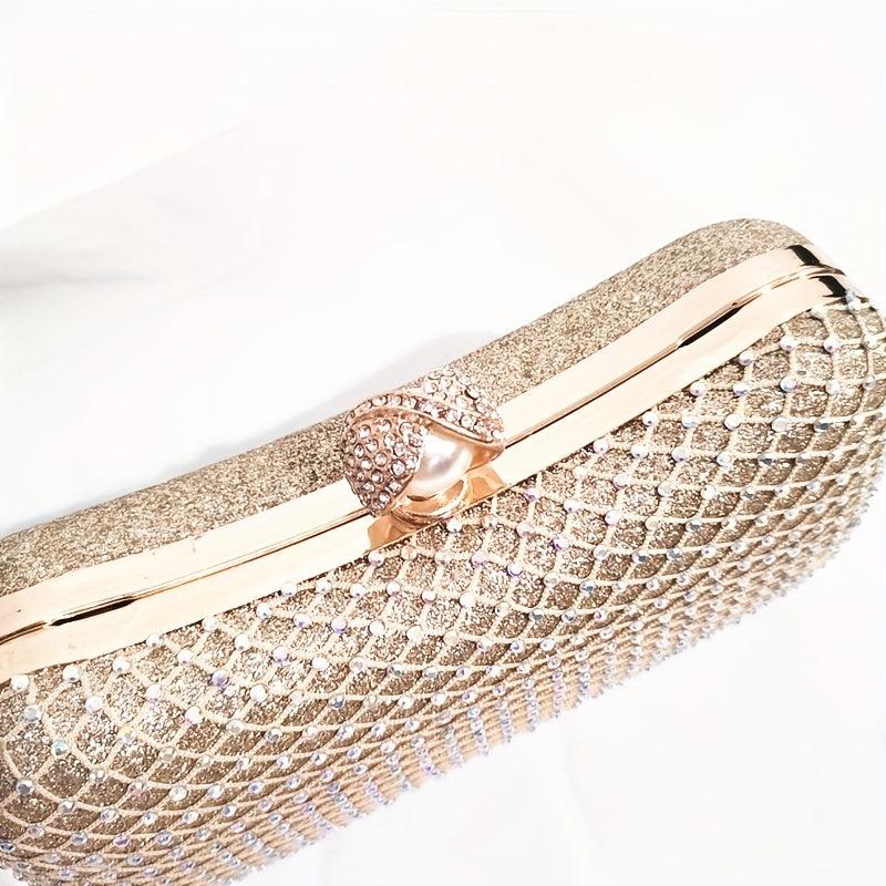 Rhinestone Mesh Evening Bag Faux Pearl Chain Handbag