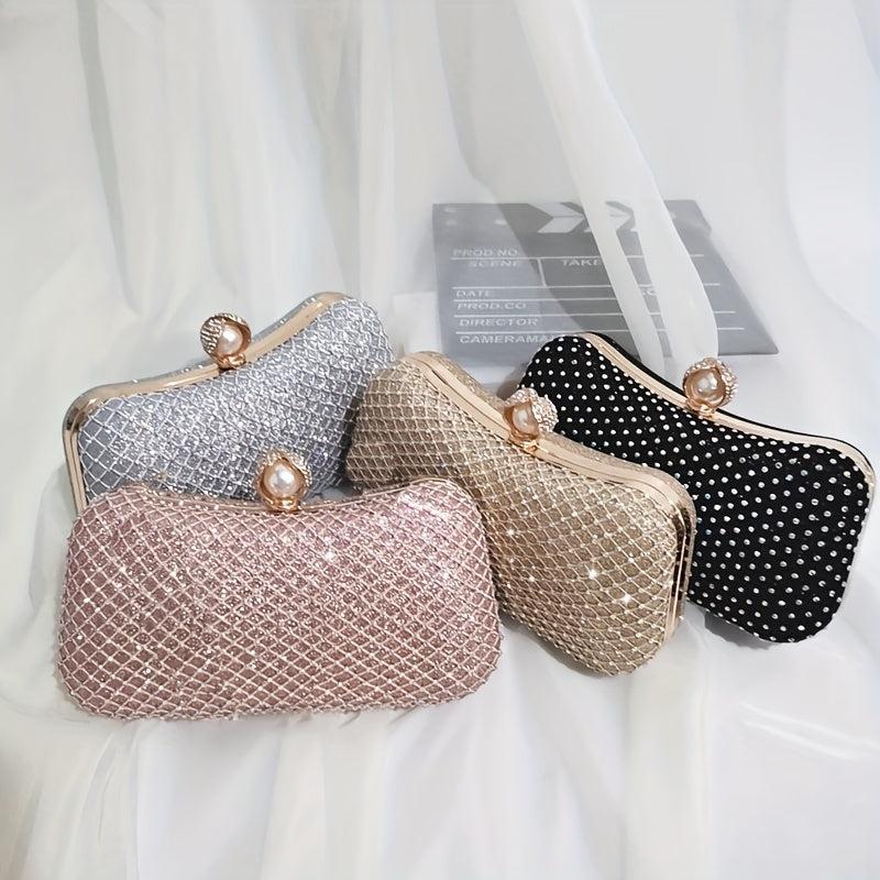 Rhinestone Mesh Evening Bag Faux Pearl Chain Handbag