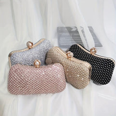 Rhinestone Mesh Evening Bag Faux Pearl Chain Handbag