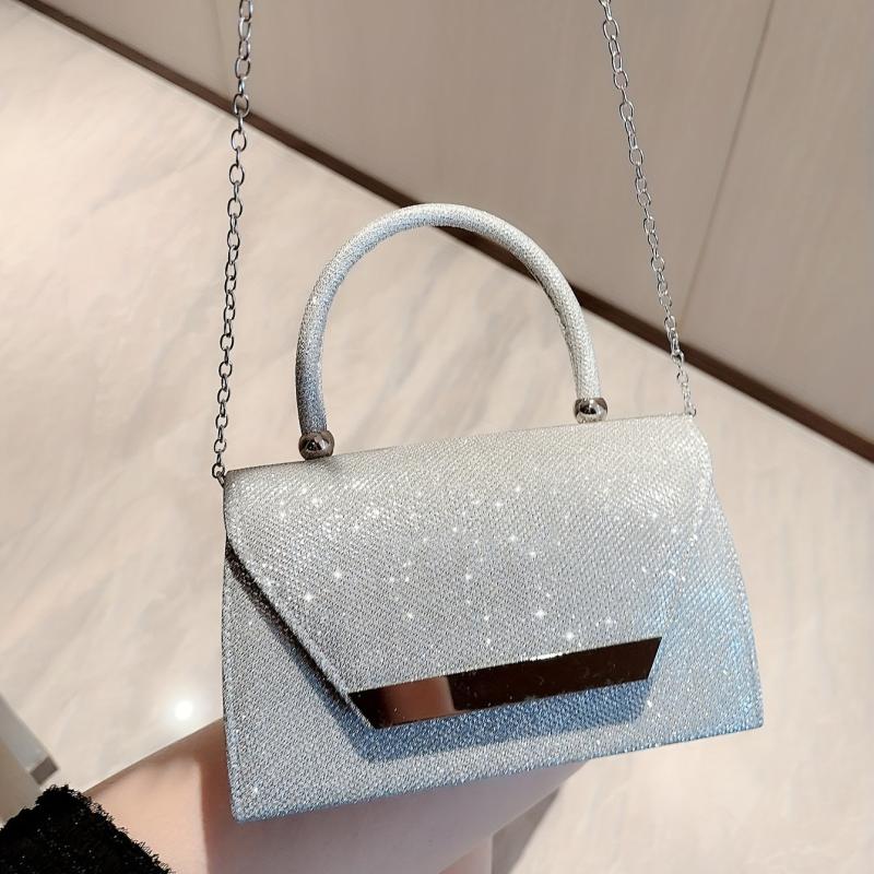 Glitter Metal Chain Handbag Sparkly Flap Purse Evening Bag