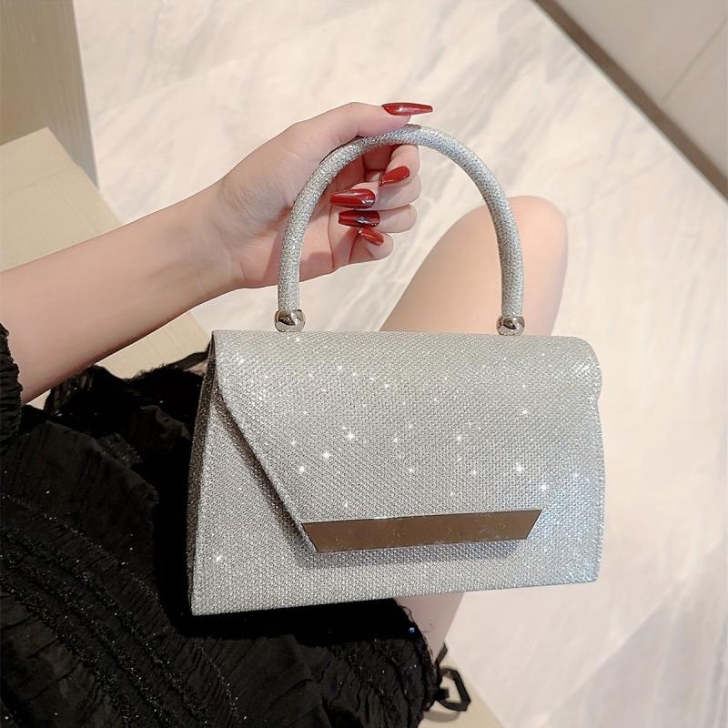 Glitter Metal Chain Handbag Sparkly Flap Purse Evening Bag