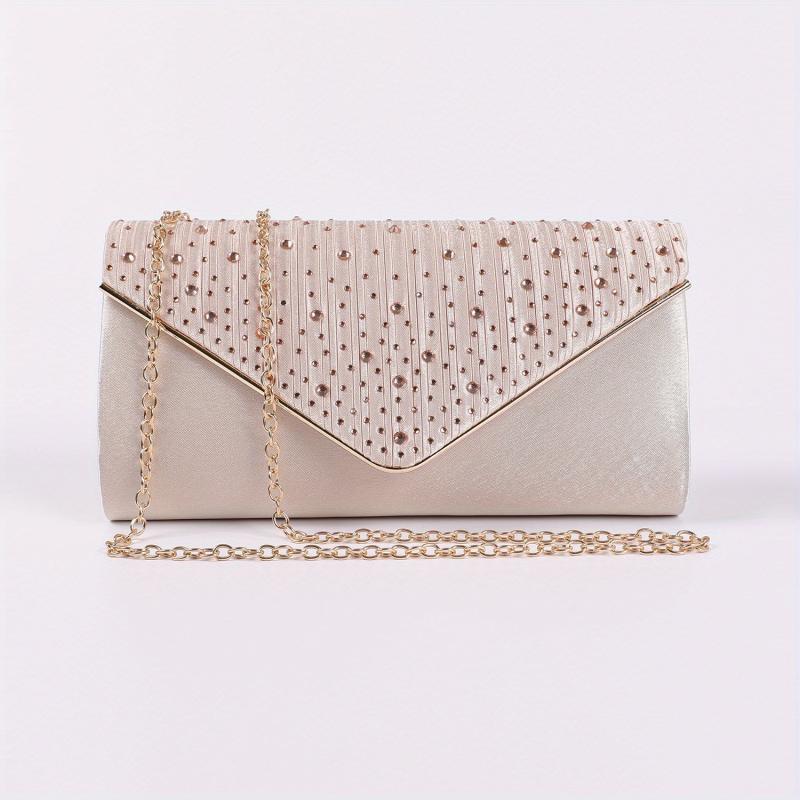 Rhinestone Glitter Envelope Metal Chain Clutch Elegant Textured Flap Purse
