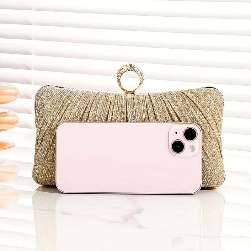 Pleated Rhinestone Glitter Kiss Lock Metal Chain Clutch Evening Bag