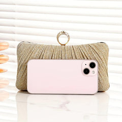 Pleated Rhinestone Glitter Kiss Lock Metal Chain Clutch Evening Bag