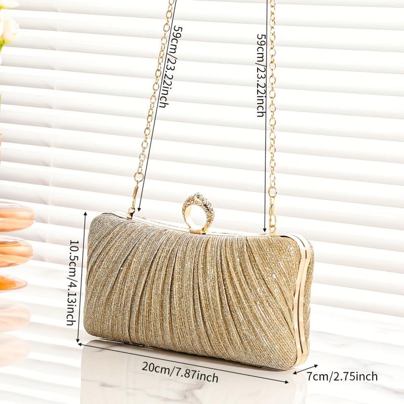 Pleated Rhinestone Glitter Kiss Lock Metal Chain Clutch Evening Bag