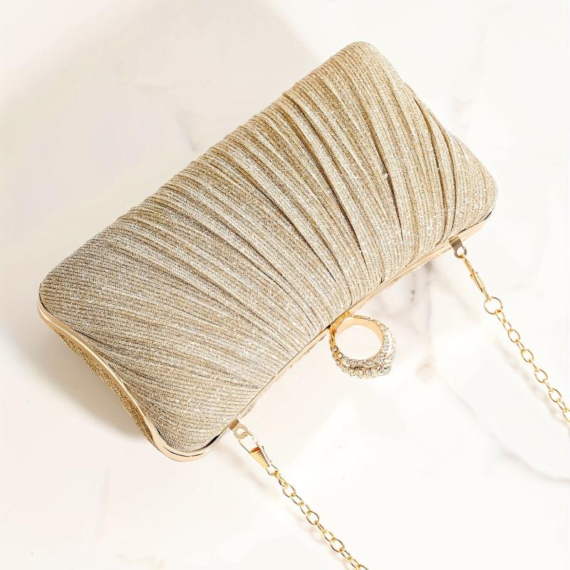 Pleated Rhinestone Glitter Kiss Lock Metal Chain Clutch Evening Bag