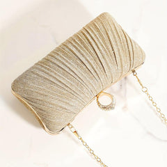 Pleated Rhinestone Glitter Kiss Lock Metal Chain Clutch Evening Bag