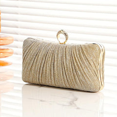 Pleated Rhinestone Glitter Kiss Lock Metal Chain Clutch Evening Bag