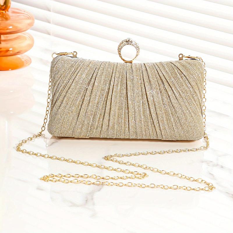 Pleated Rhinestone Glitter Kiss Lock Metal Chain Clutch Evening Bag