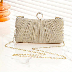 Pleated Rhinestone Glitter Kiss Lock Metal Chain Clutch Evening Bag