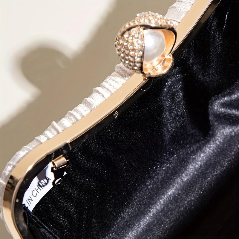 Ruched Satin Evening Bag Faux Pearl Chain Clutch Purse Women's Handbags